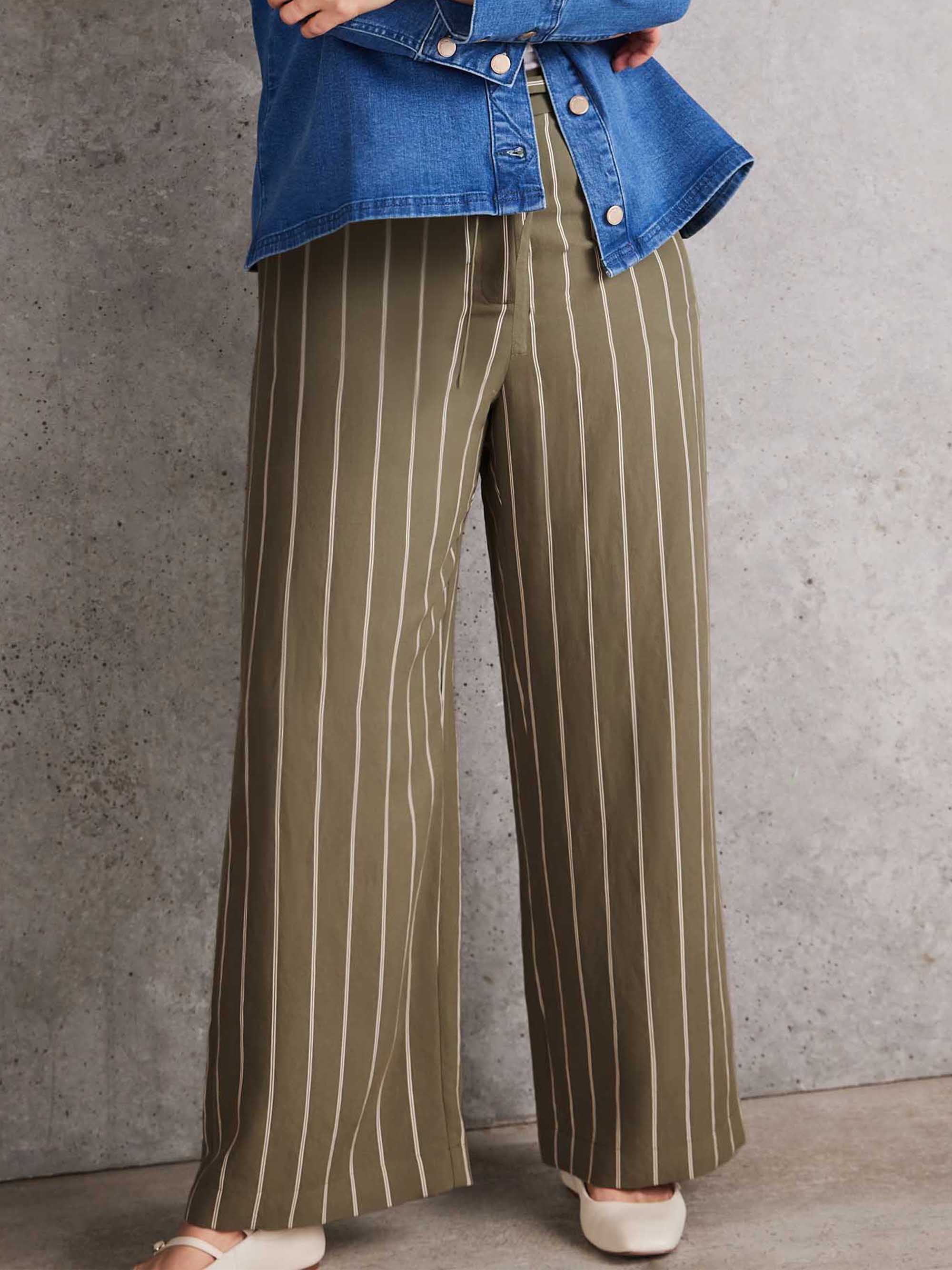 Plus size khaki striped wide leg trousers with drawstring waistband and elastic back