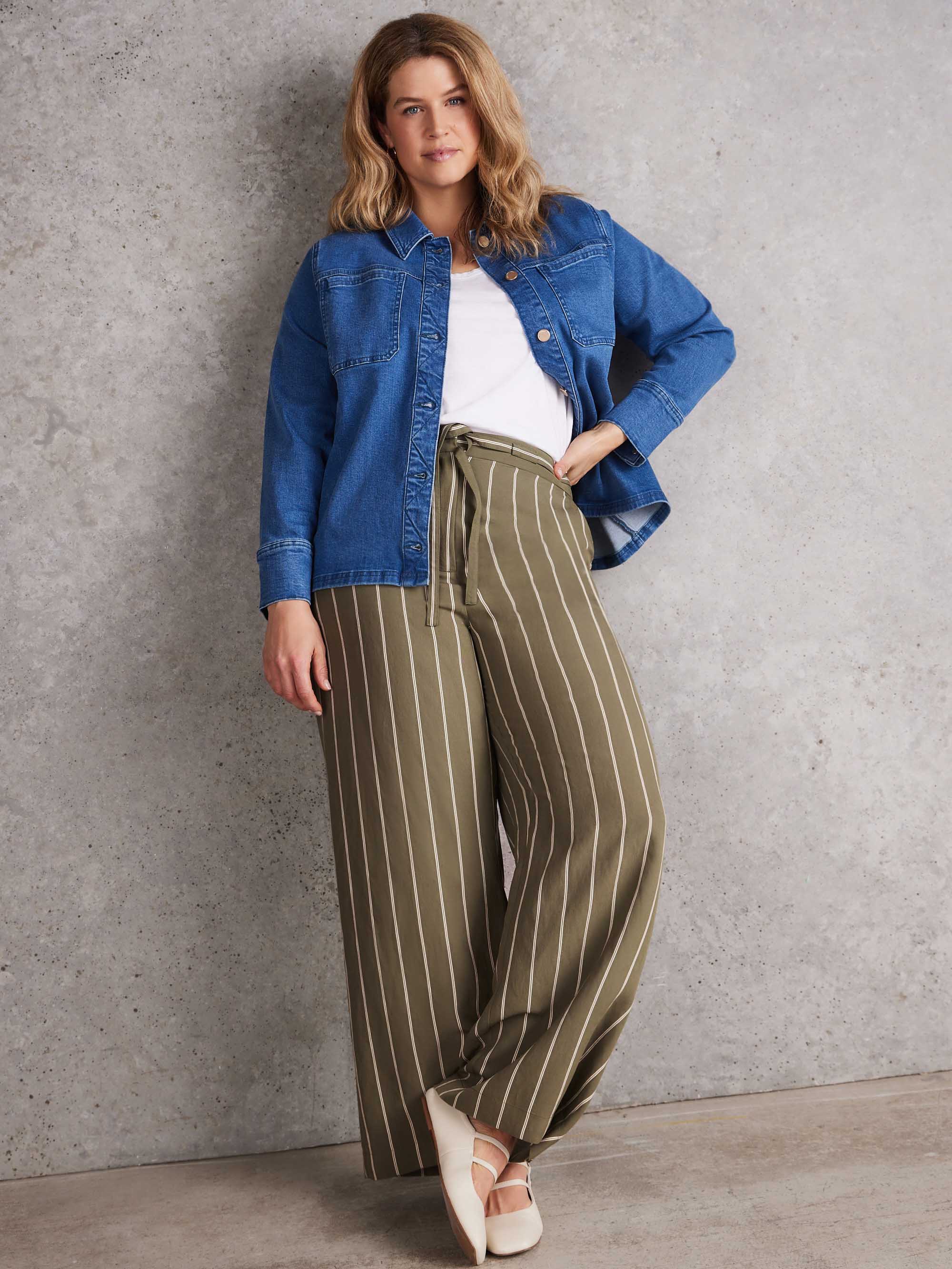Plus size khaki striped wide leg pants featuring adjustable drawstring waist and relaxed fit