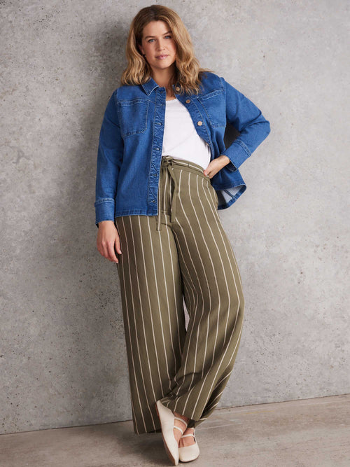 Plus size khaki striped wide leg pants featuring adjustable drawstring waist and relaxed fit