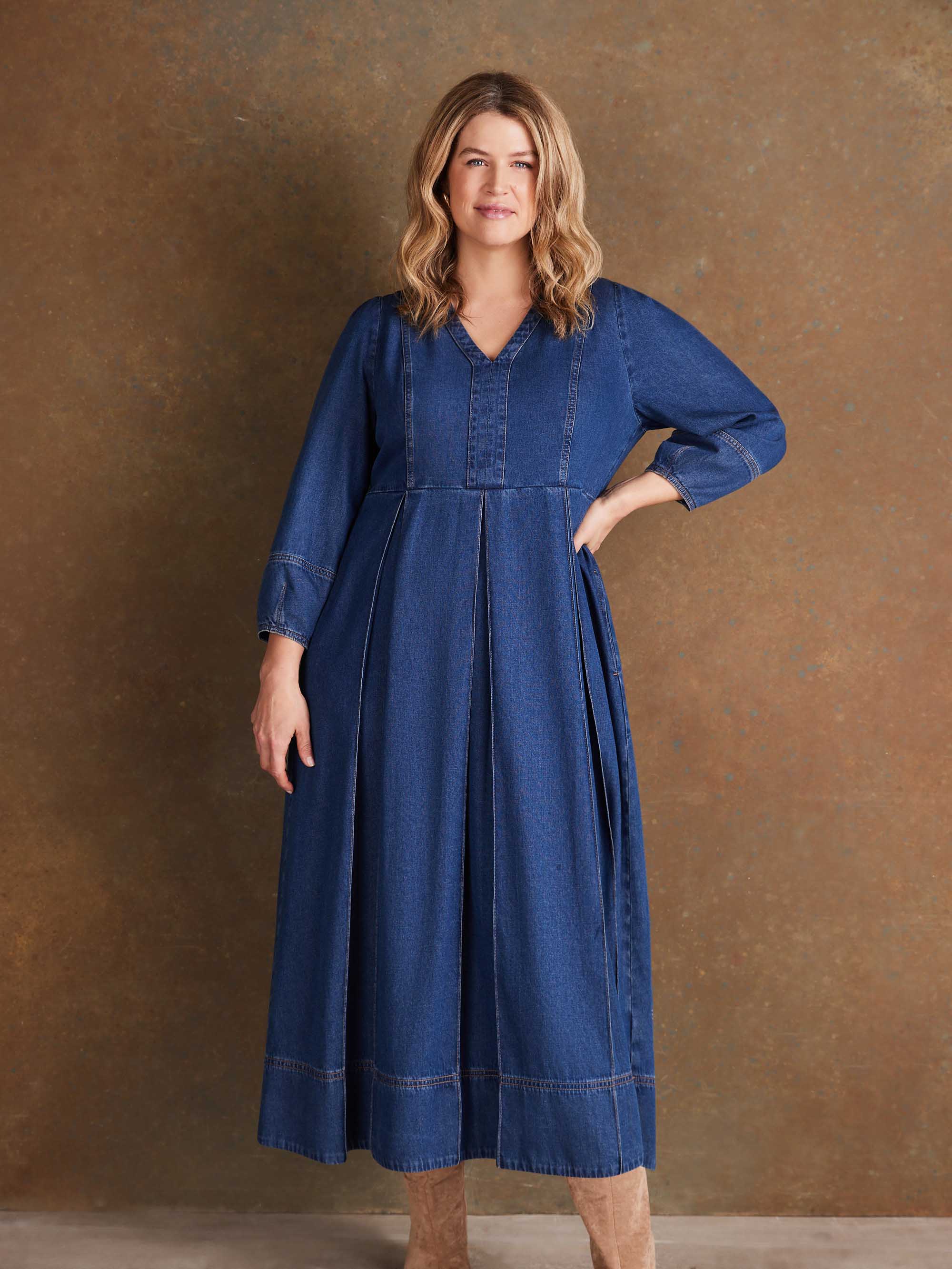 Blue Denim V Neck Dress