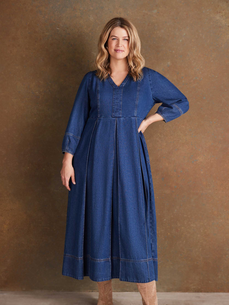 Blue Denim V Neck Dress