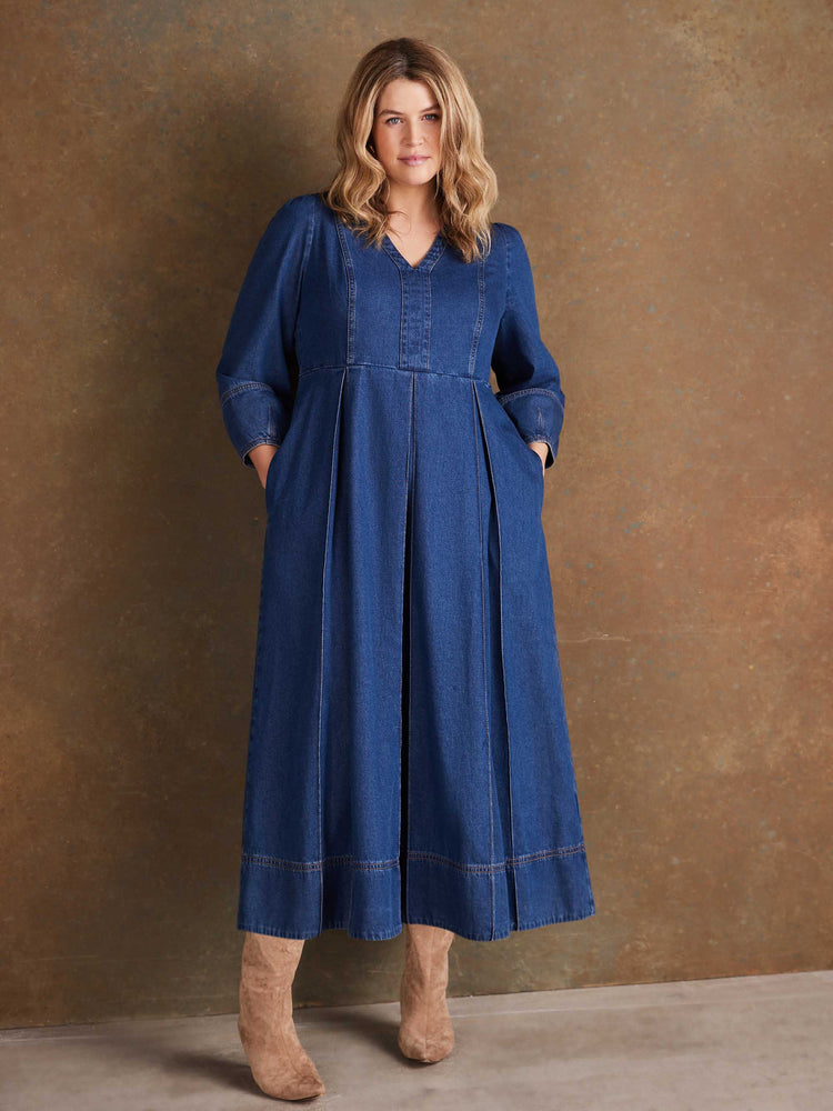 Blue Denim V Neck Dress