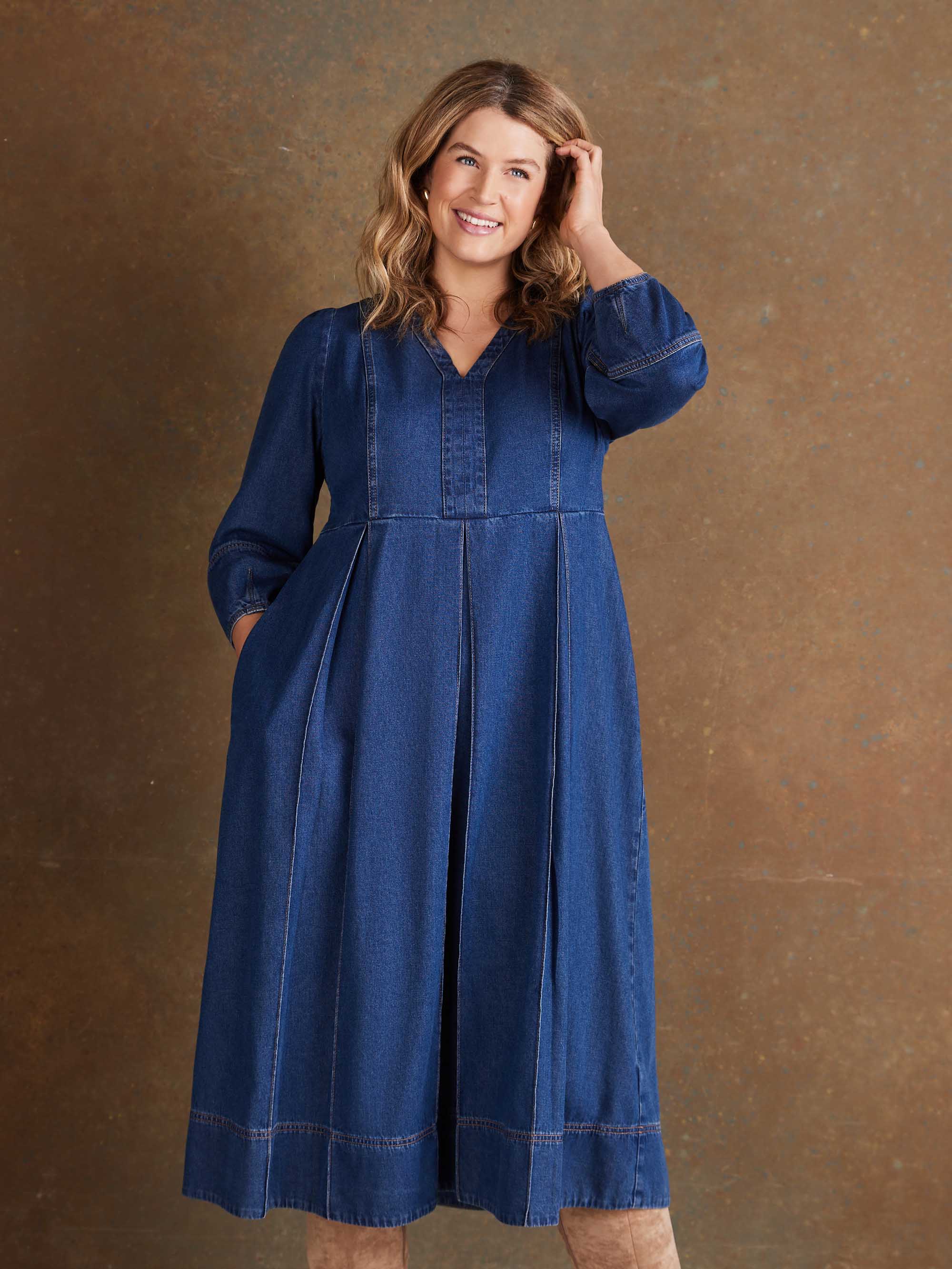 Blue Denim V Neck Dress