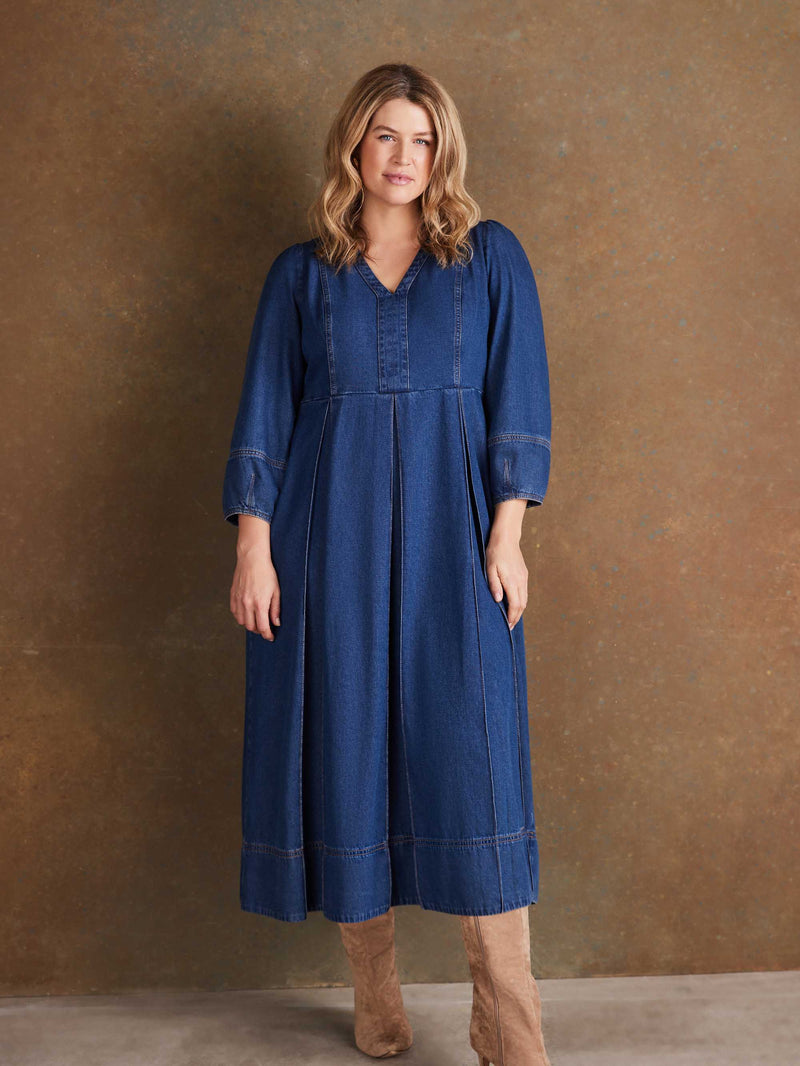 Blue Denim V Neck Dress