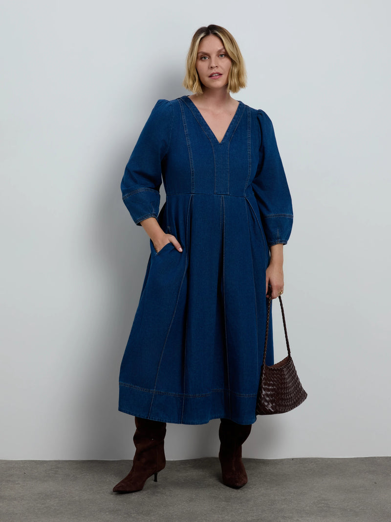 Blue Denim V Neck Dress