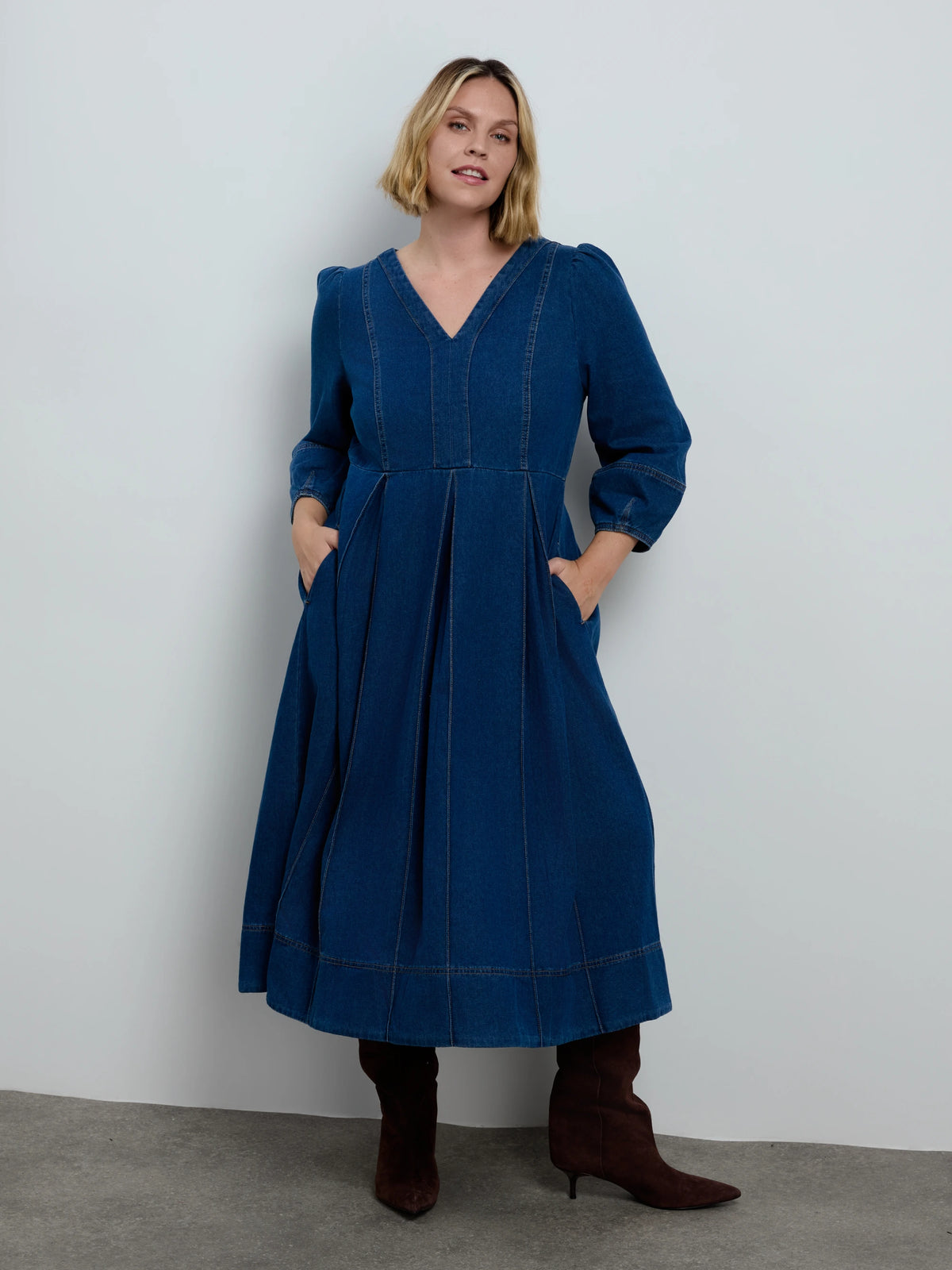Blue Denim V Neck Dress