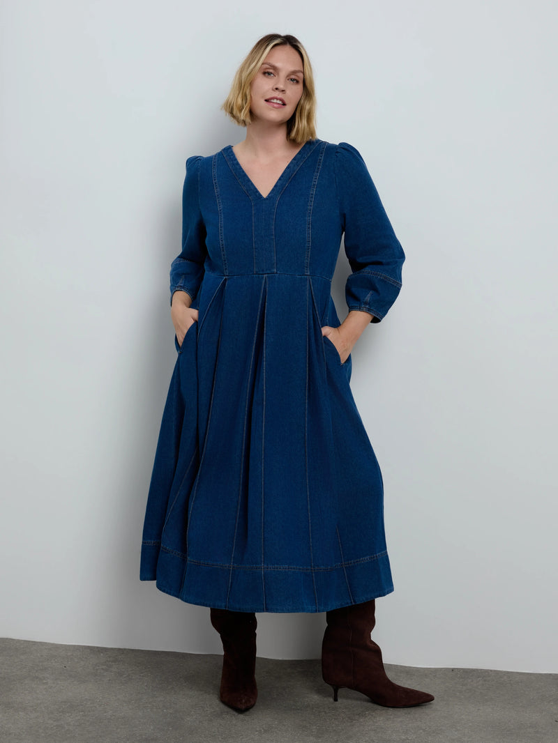 Blue Denim V Neck Dress