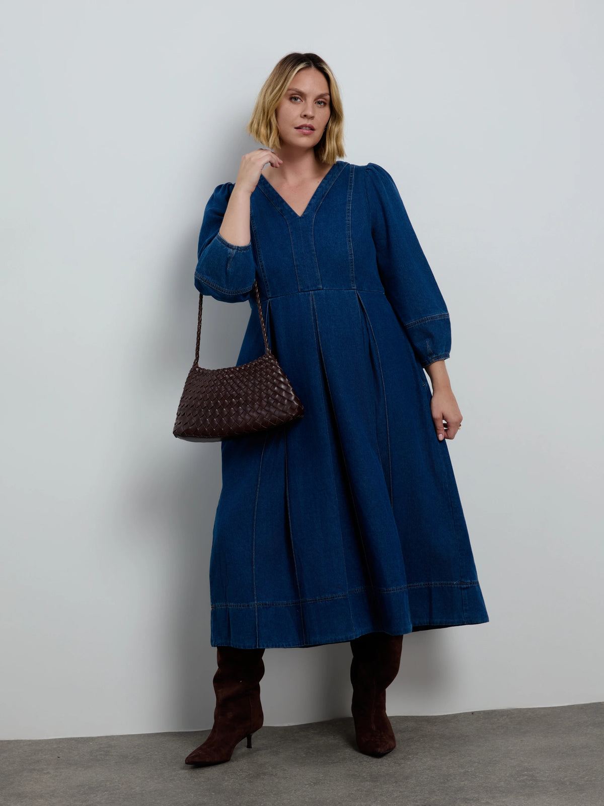 Blue Denim V Neck Dress