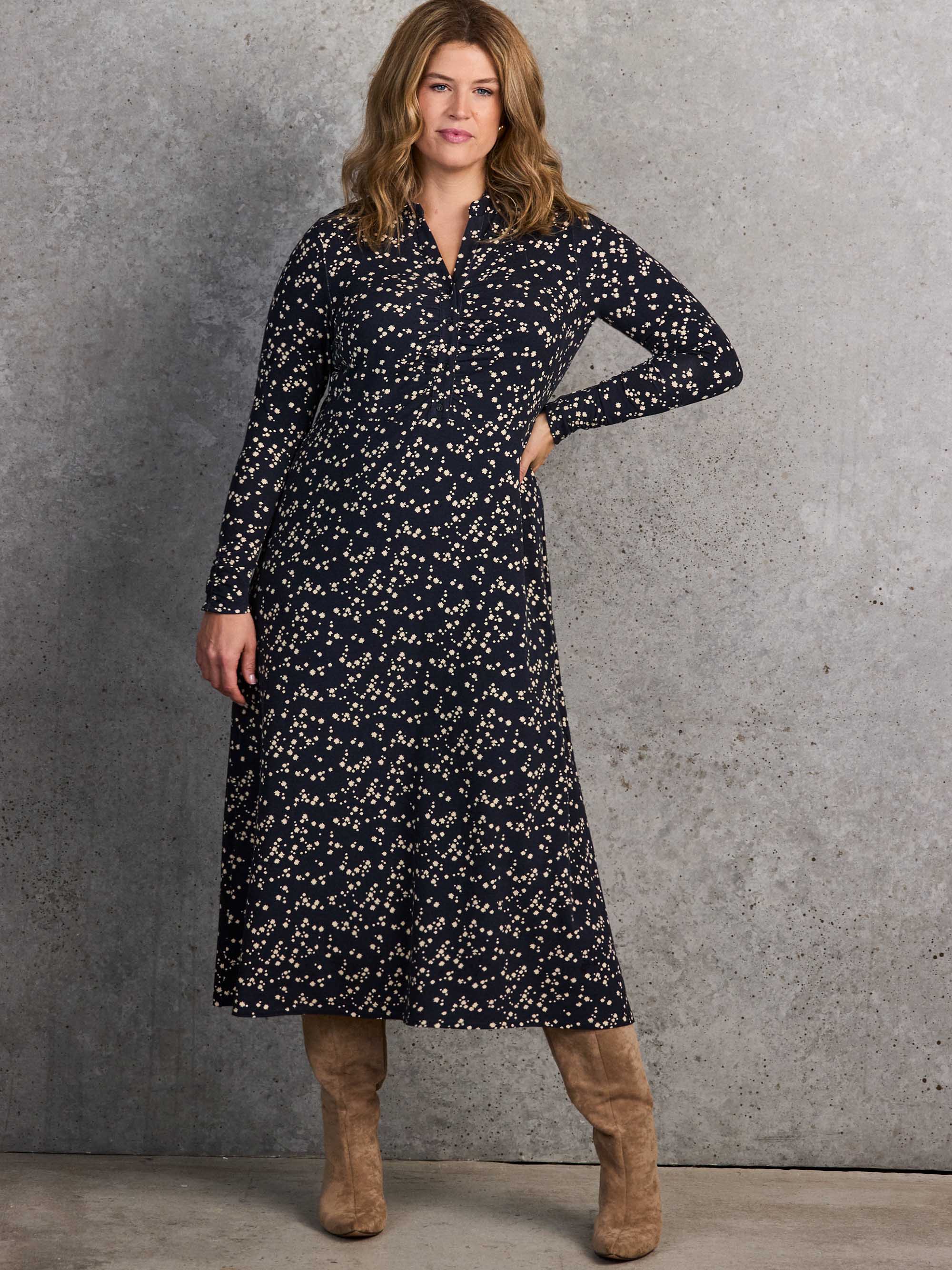 Petite Navy Ditsy Print Gathered Shirt Dress