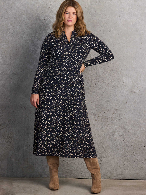 Petite Navy Ditsy Print Gathered Shirt Dress