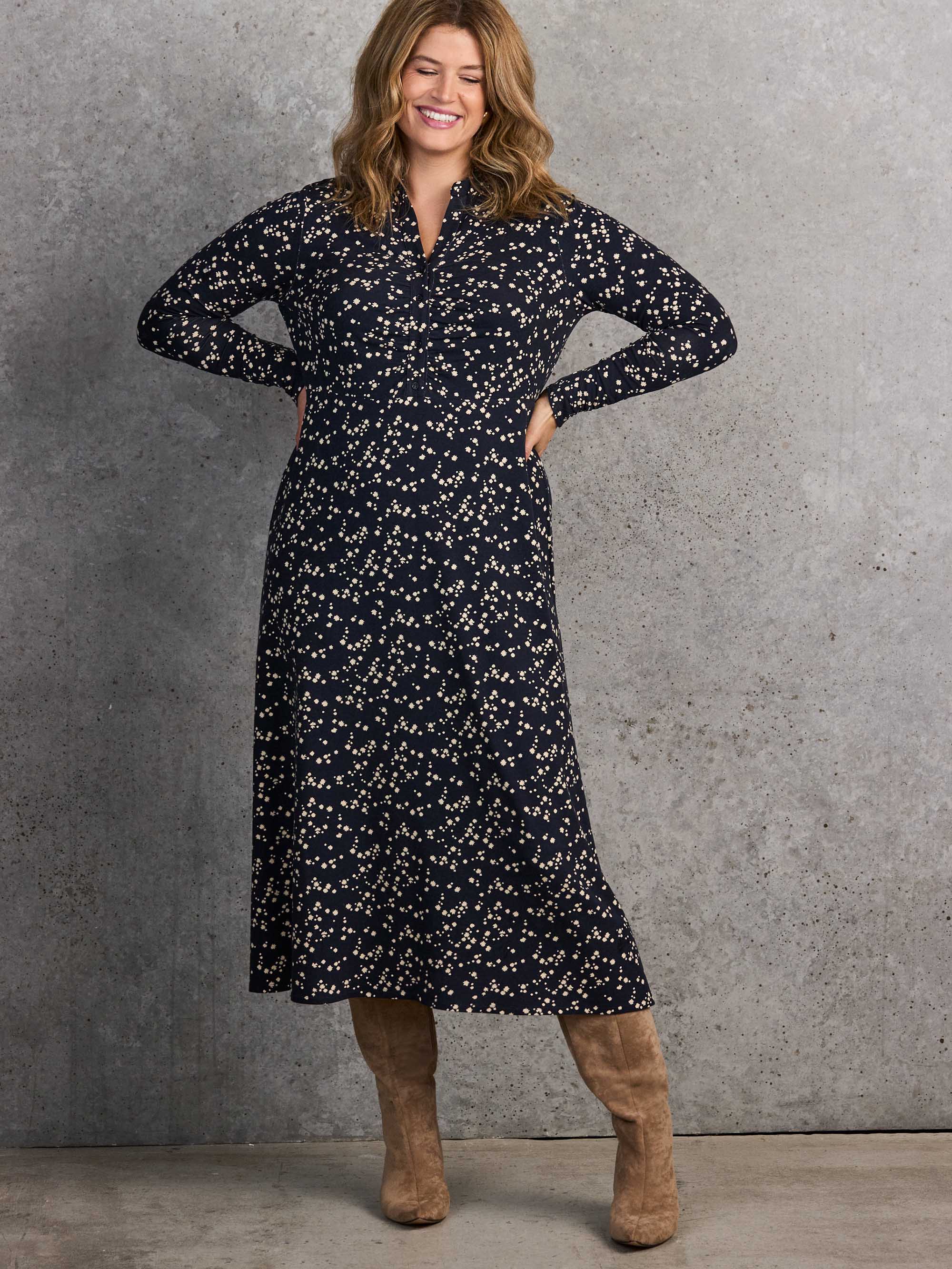 Petite Navy Ditsy Print Gathered Shirt Dress