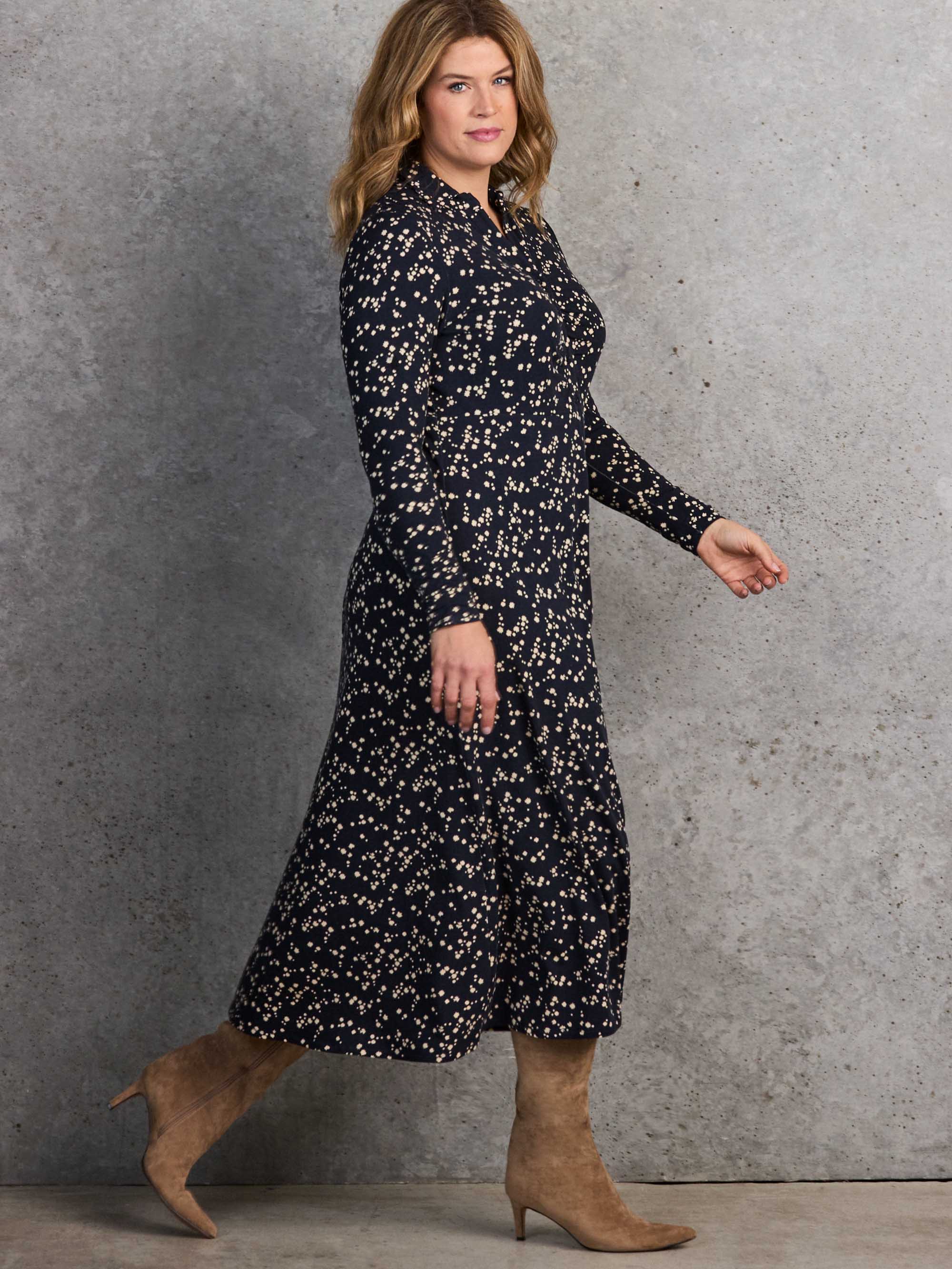 Petite Navy Ditsy Print Gathered Shirt Dress