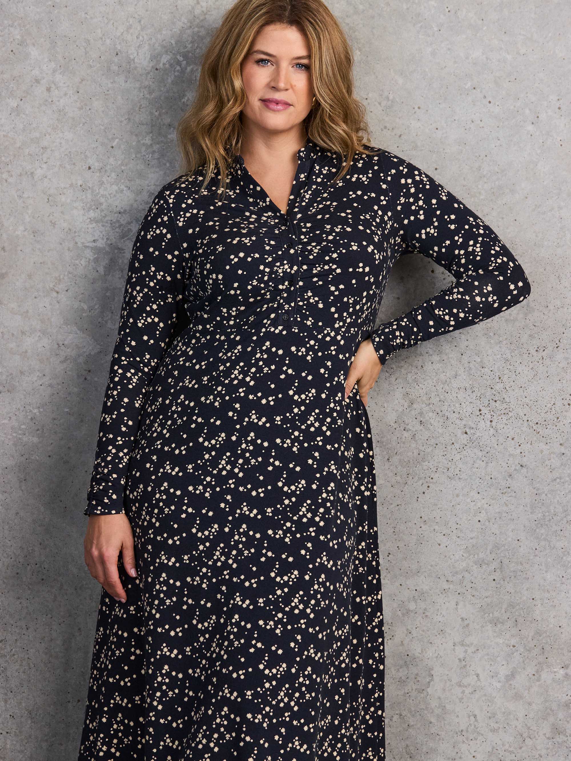 Petite Navy Ditsy Print Gathered Shirt Dress