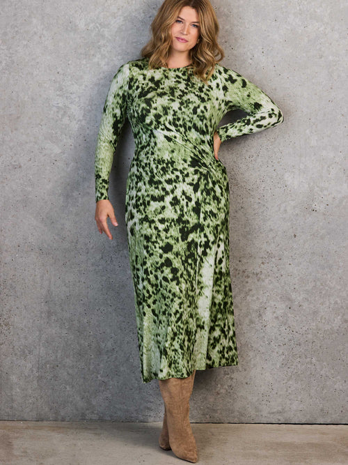 Green Animal Abstract Print Ruched Jersey Dress