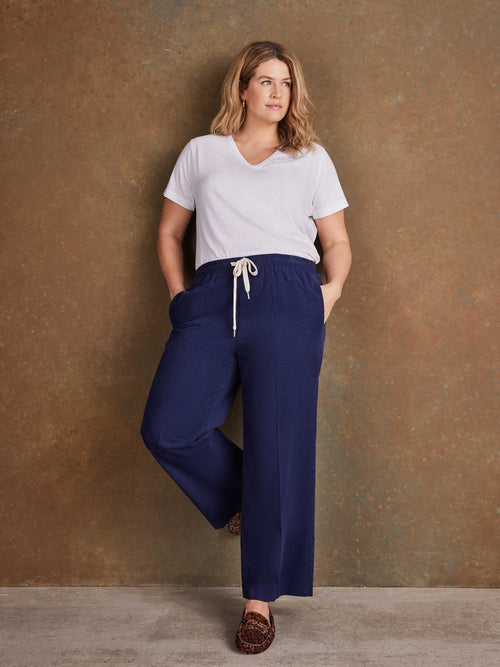 Navy Drawstring Wide Leg Corduroy Trousers