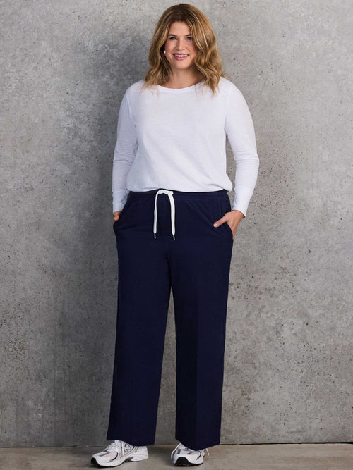 Navy Drawstring Wide Leg Corduroy Trousers