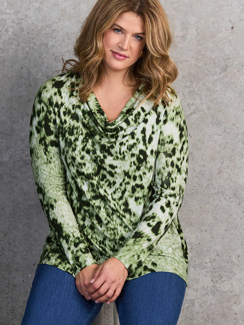 Green Abstract Print Jersey Cowl Neck Top