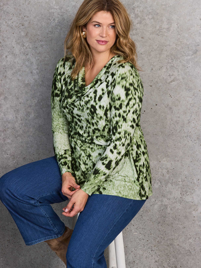 Green Abstract Print Jersey Cowl Neck Top