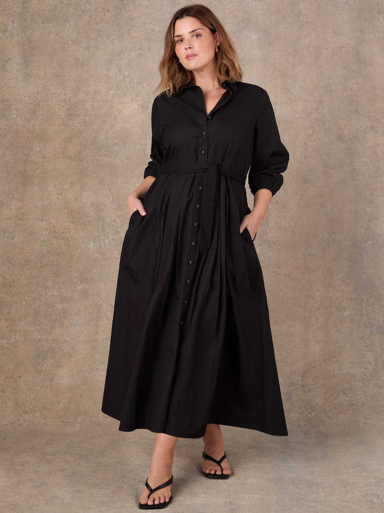 Black Cotton Poplin Shirt Maxi Dress