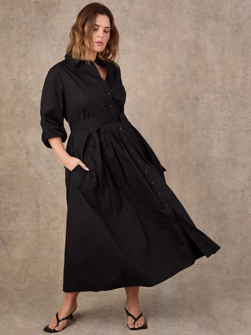 Black Cotton Poplin Shirt Maxi Dress