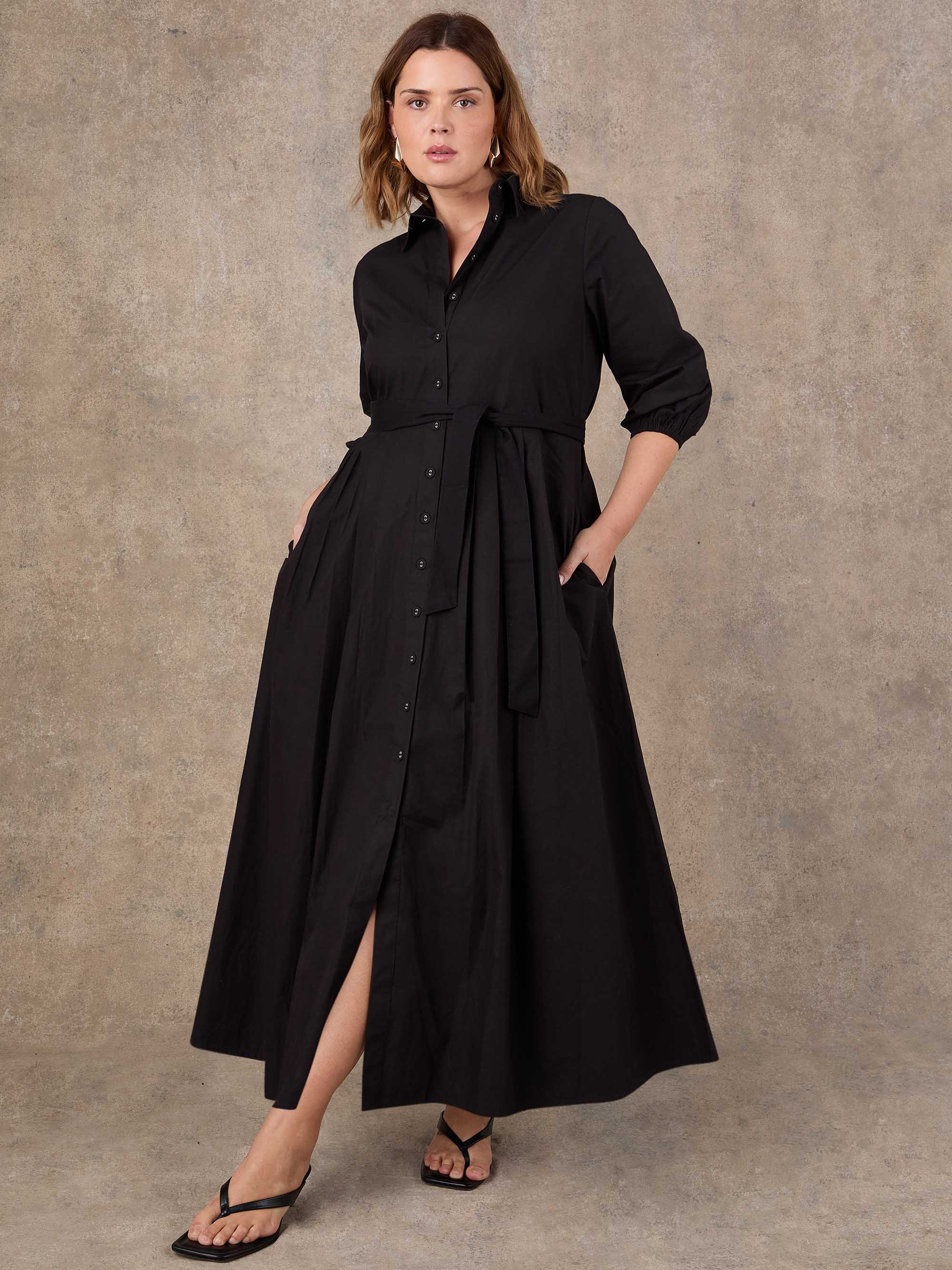 Black Cotton Poplin Shirt Maxi Dress