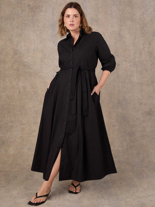 Black Cotton Poplin Shirt Maxi Dress