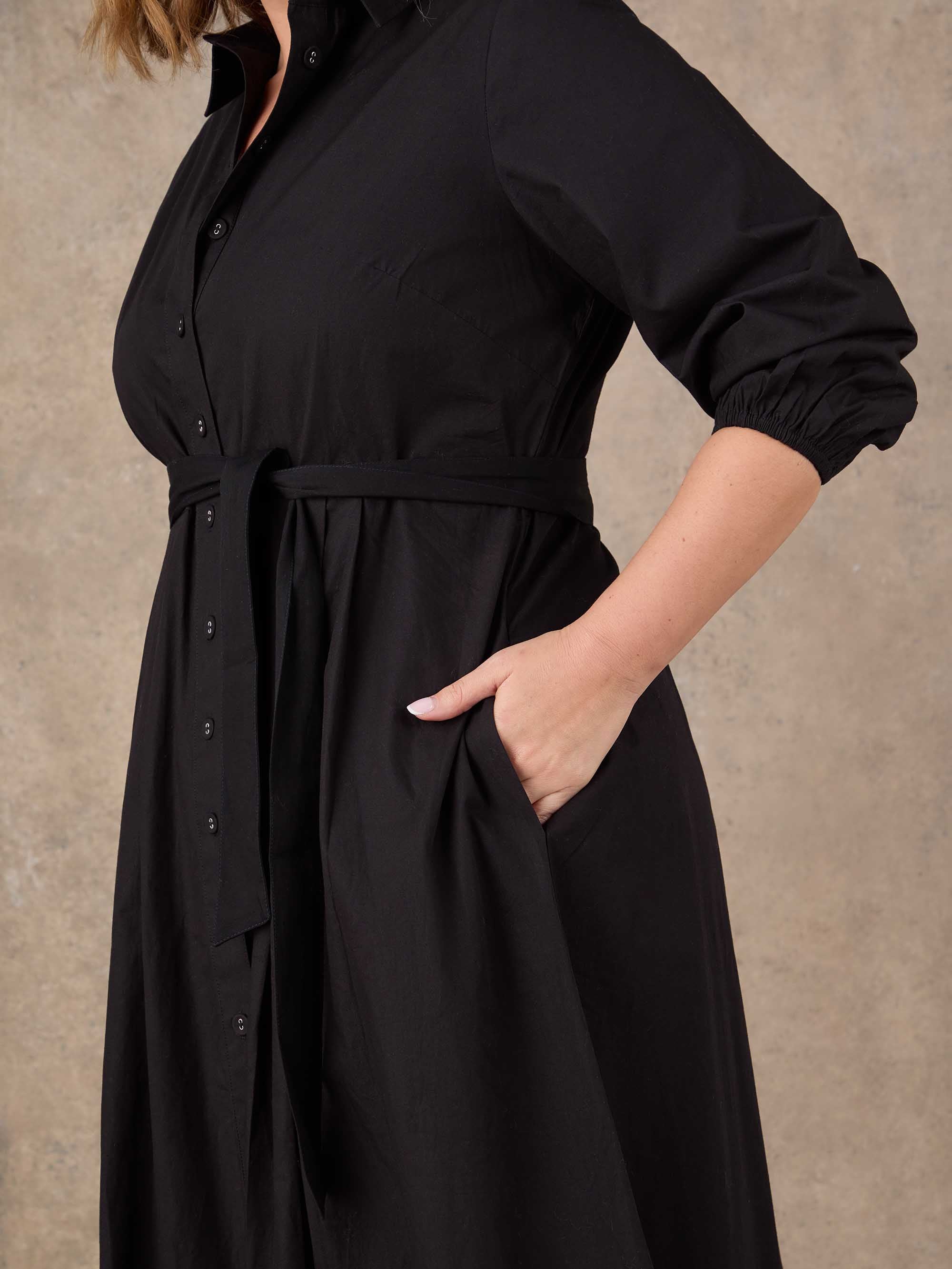 Black Cotton Poplin Shirt Maxi Dress