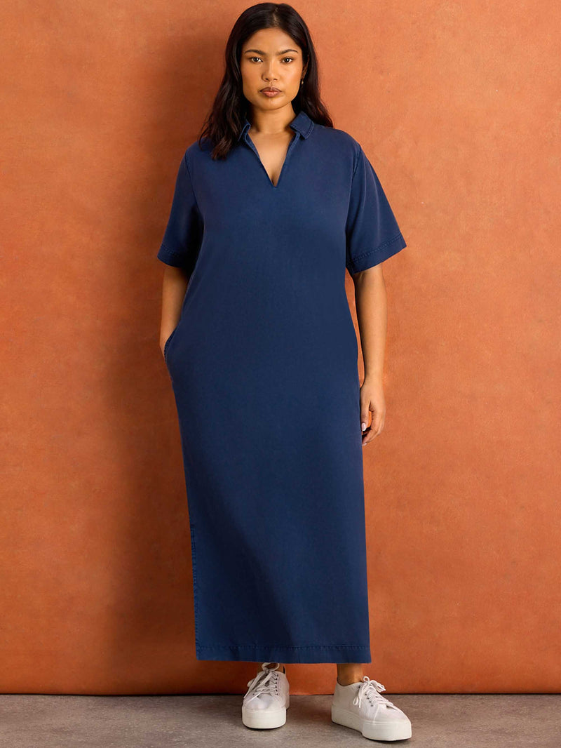 Soft Touch Denim-Style Polo Neck Midi Dress Cotton Plus Size Curve