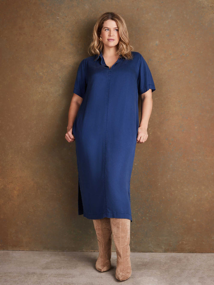 Plus size navy blue soft touch V neck midi dress with collar and side splits