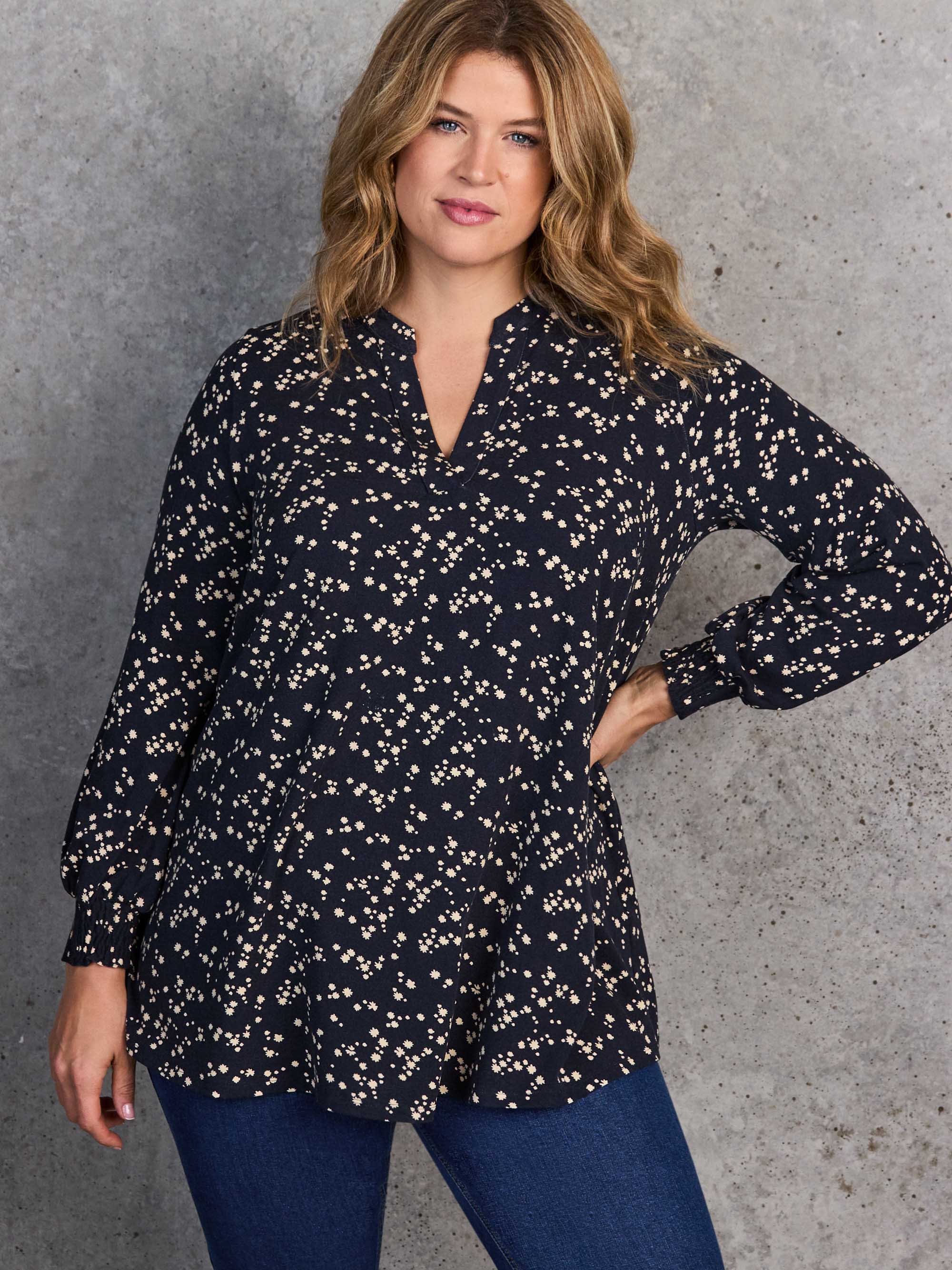 Navy Ditsy Print Nehru Collar Tunic