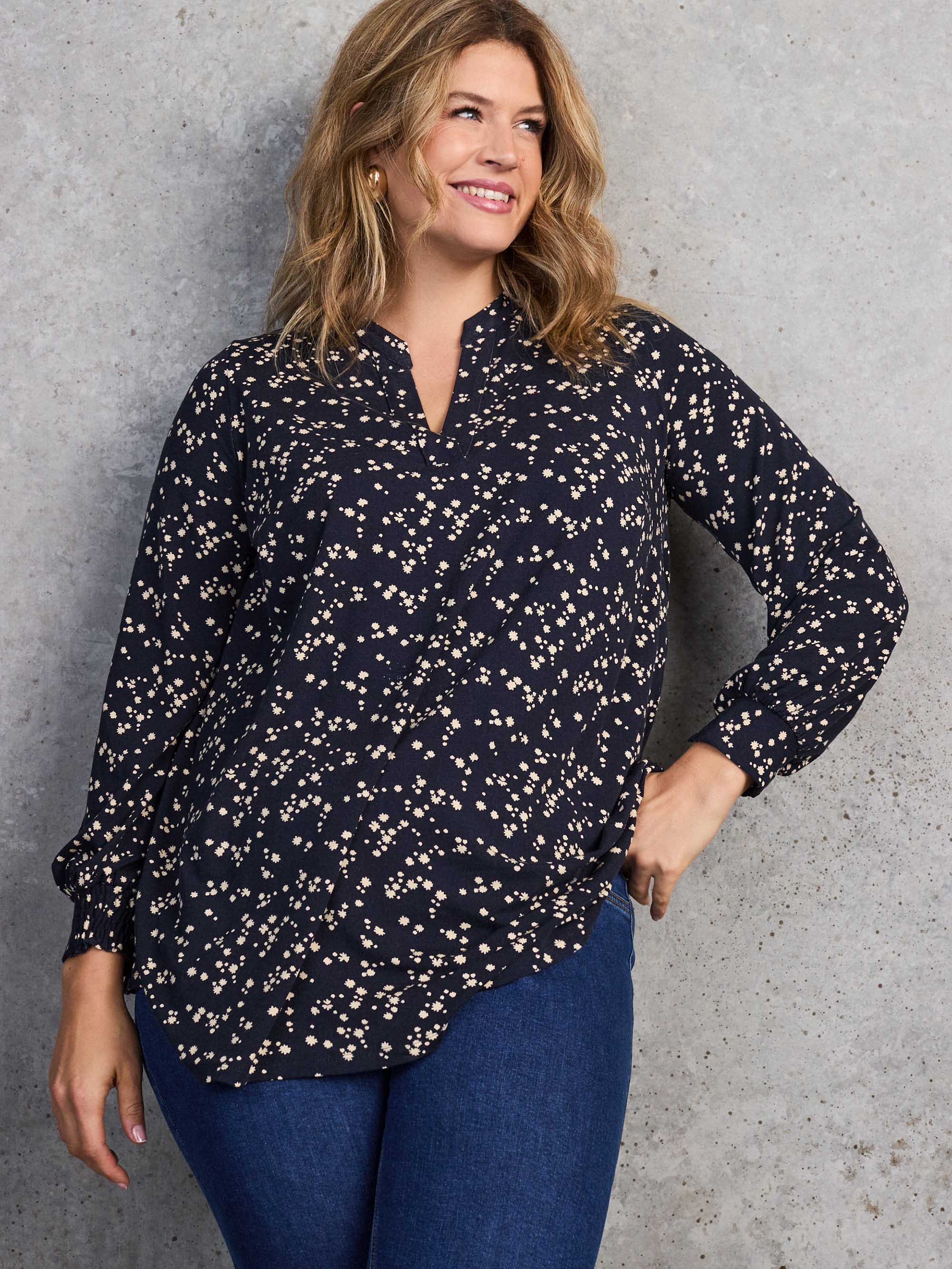 Navy Ditsy Print Nehru Collar Tunic