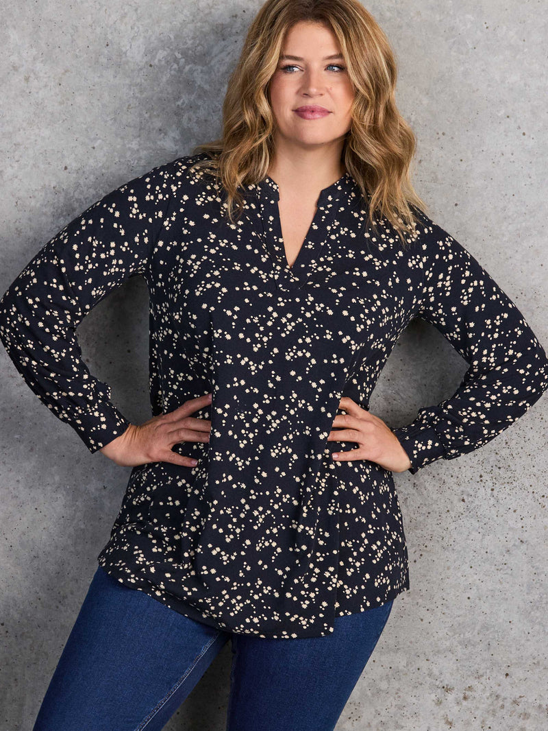 Petite Navy Ditsy Print Nehru Collar Tunic