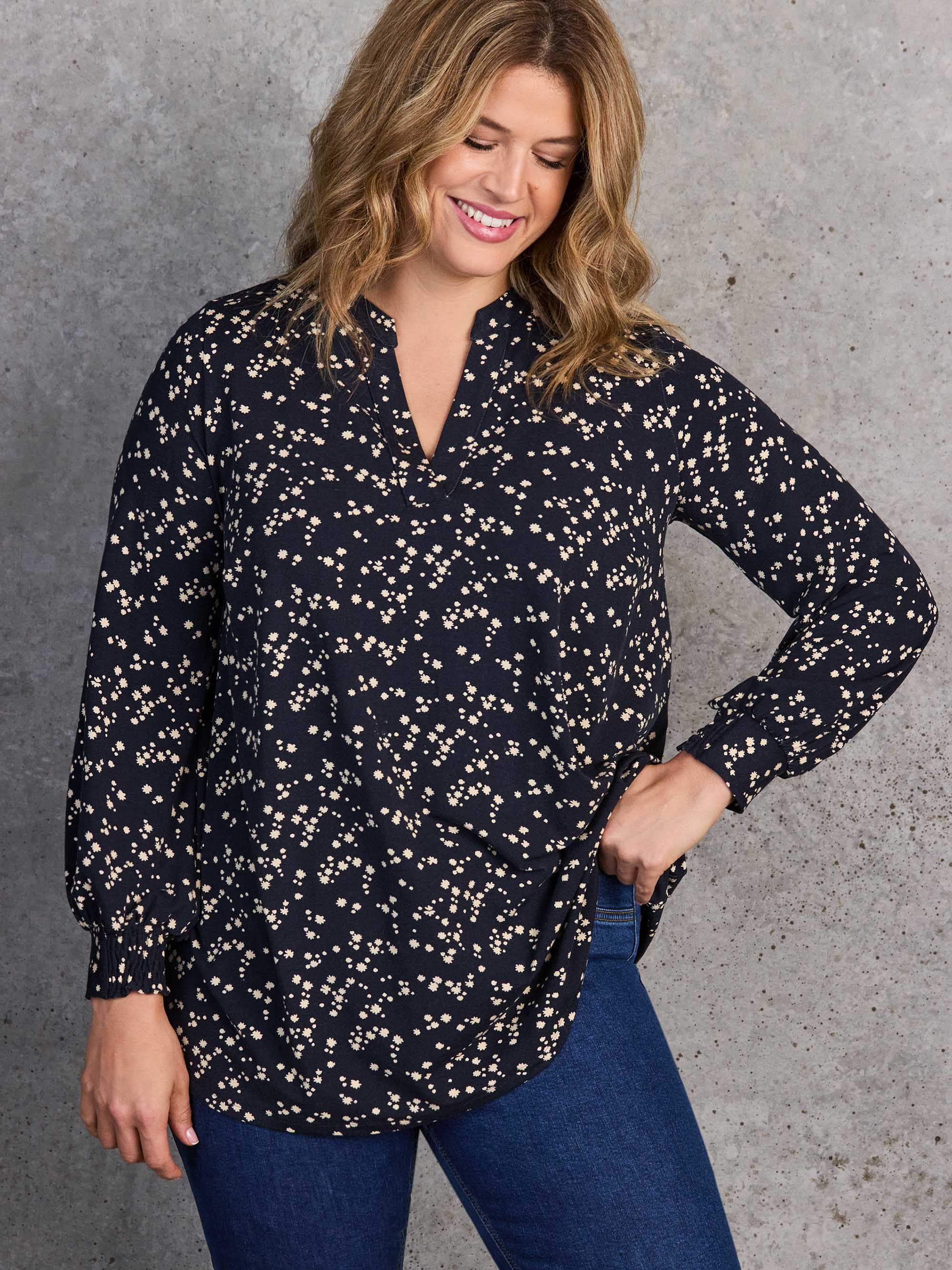 Navy Ditsy Print Nehru Collar Tunic