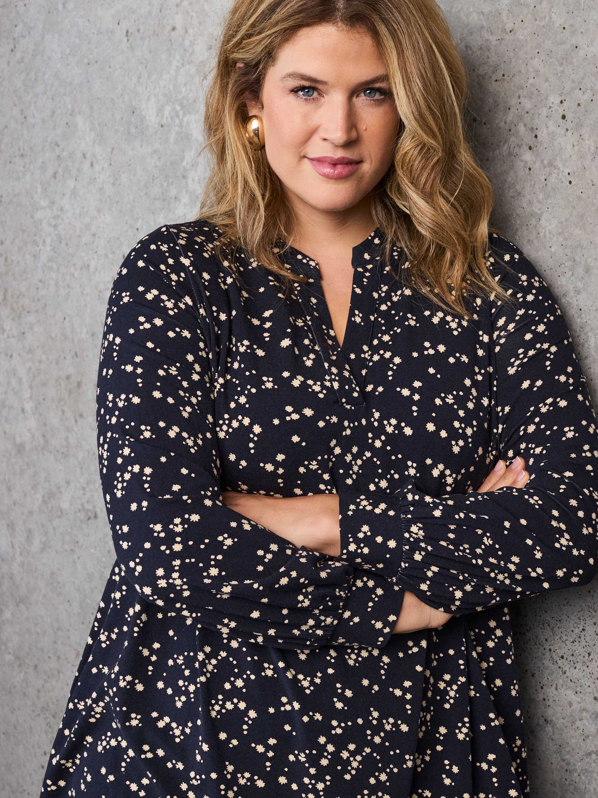 Navy Ditsy Print Nehru Collar Tunic