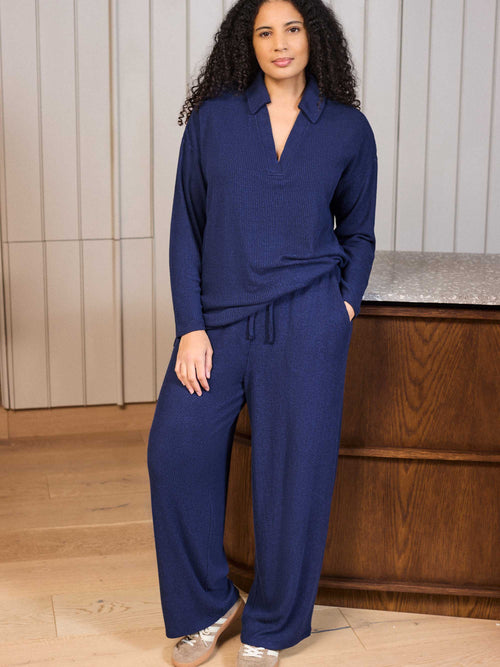 Navy Ribbed Supersoft Polo Neck Top