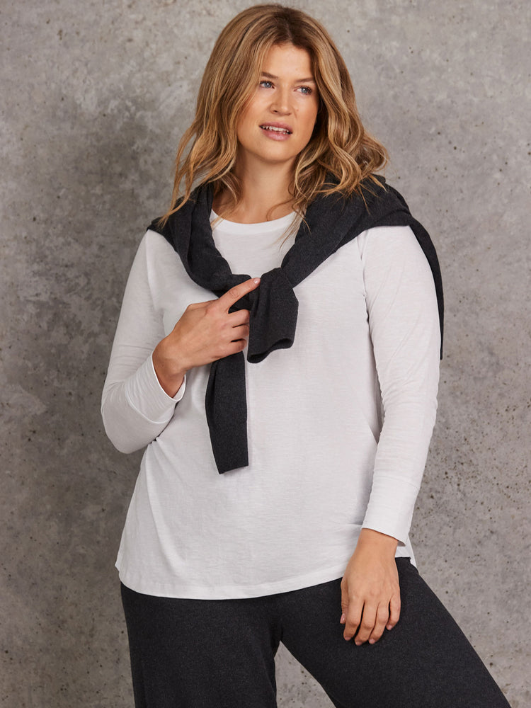 White Cotton Slub Crew Neck Long Sleeve T-Shirt