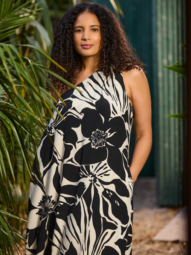 Black Floral Print One Shoulder Maxi Dress