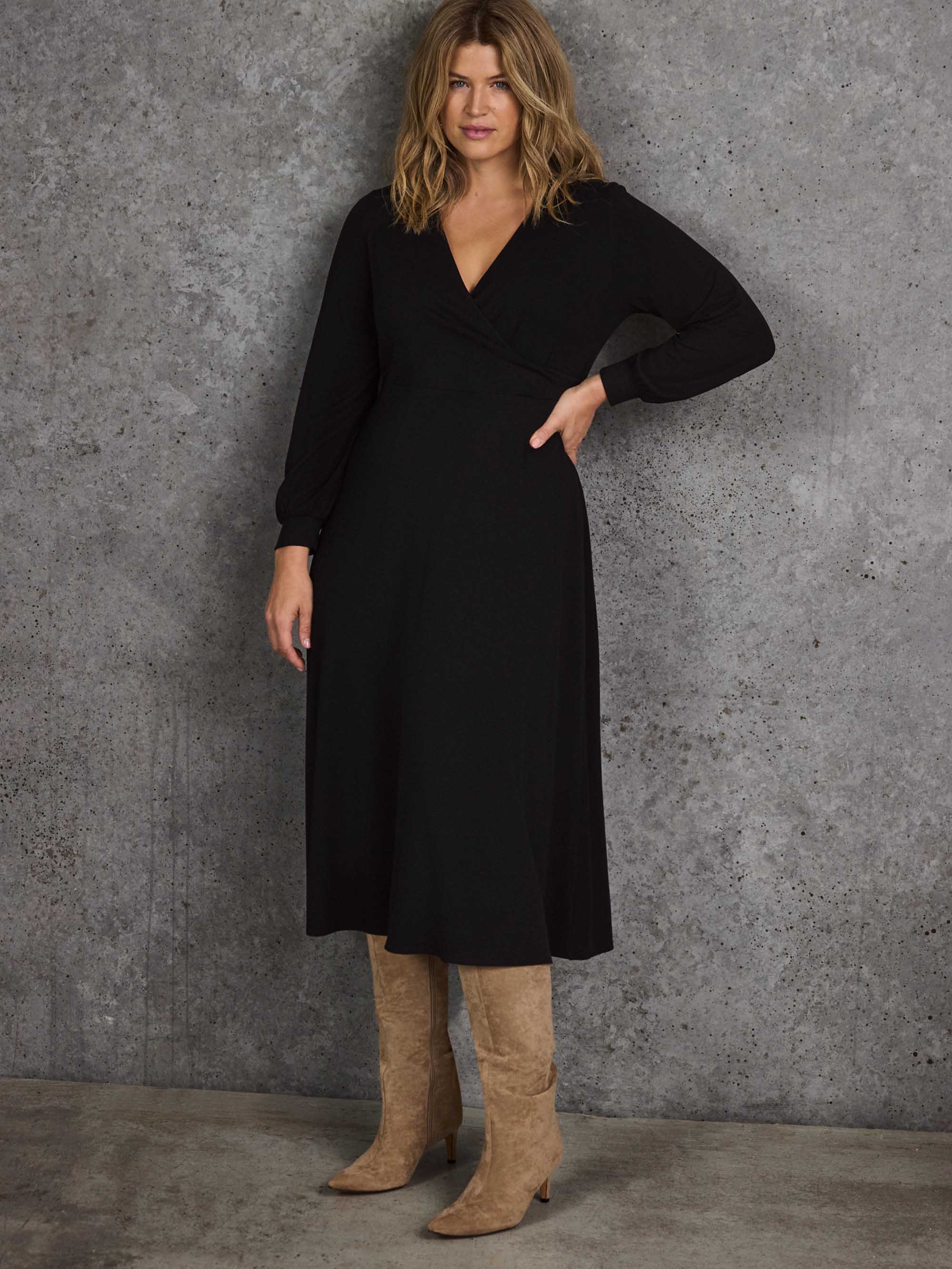 Petite Black Jersey Wrap Midi Dress with Blouson Sleeves Petite Black Jersey Wrap Midi Dress with Blouson Sleeves
