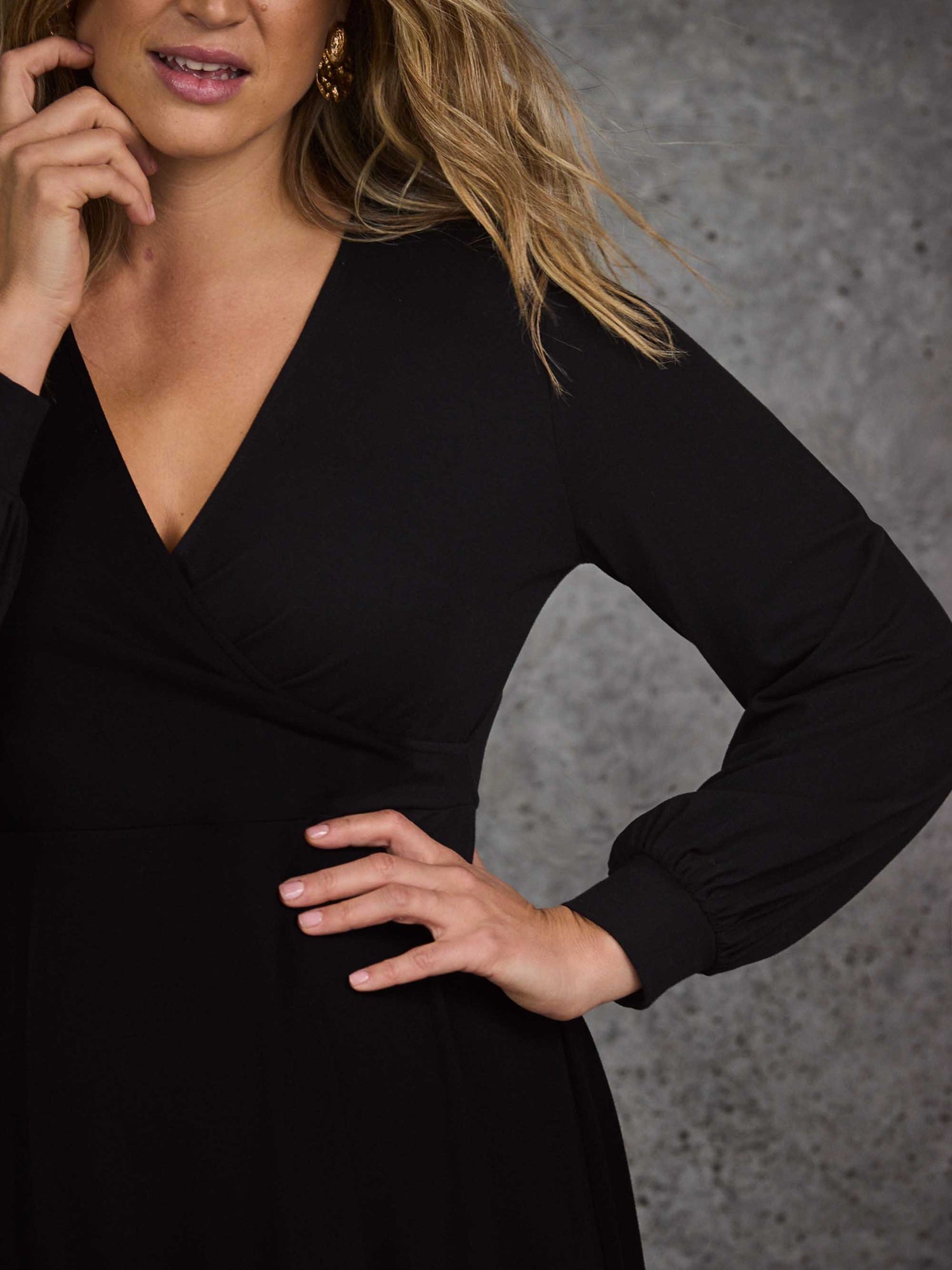 Black Jersey Wrap Midi Dress with Blouson Sleeves