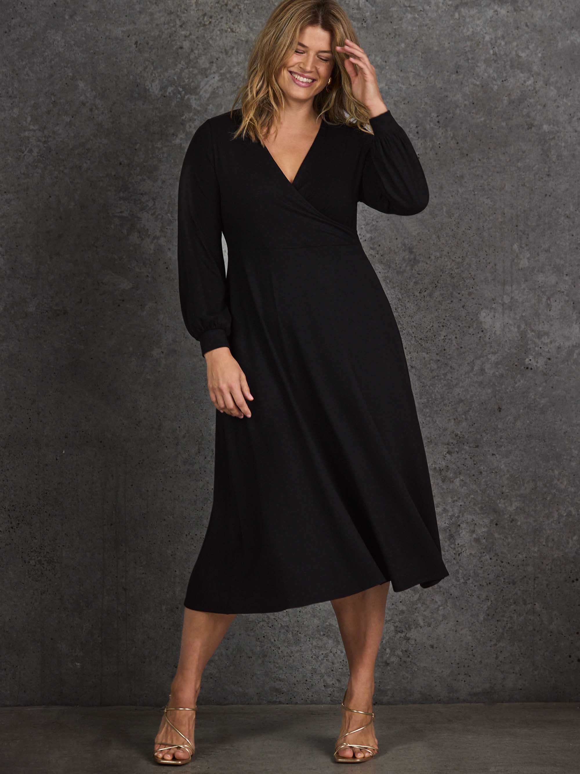 Petite Black Jersey Wrap Midi Dress with Blouson Sleeves Petite Black Jersey Wrap Midi Dress with Blouson Sleeves