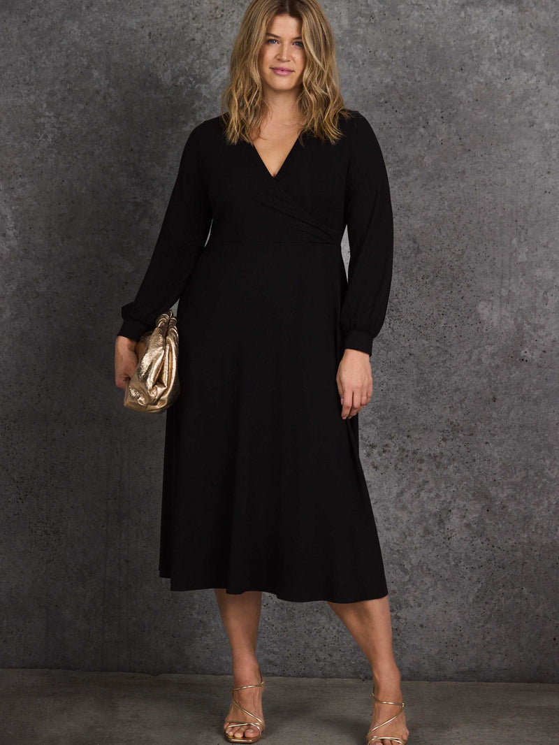 Petite Black Jersey Wrap Midi Dress with Blouson Sleeves