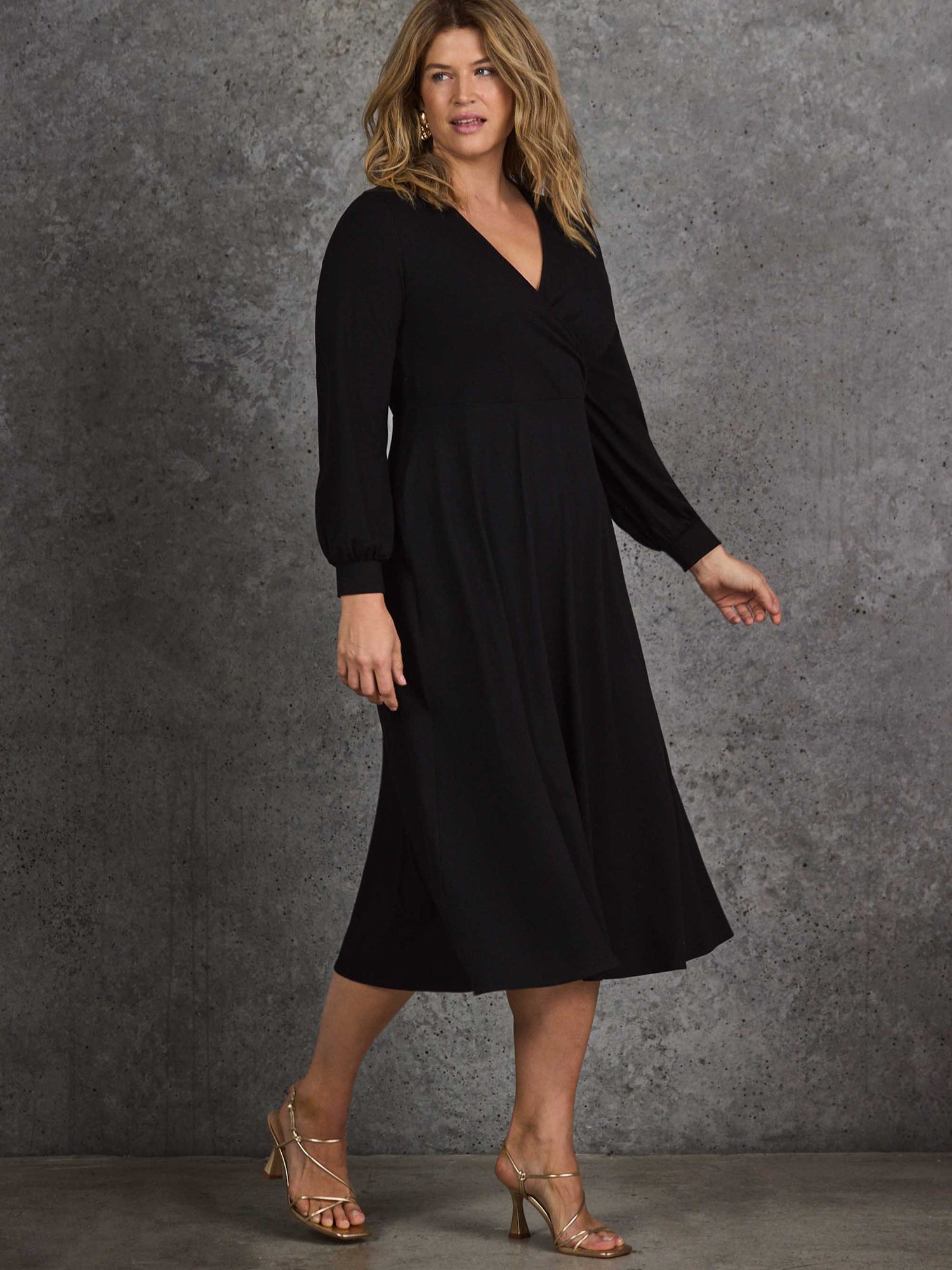 Petite Black Jersey Wrap Midi Dress with Blouson Sleeves