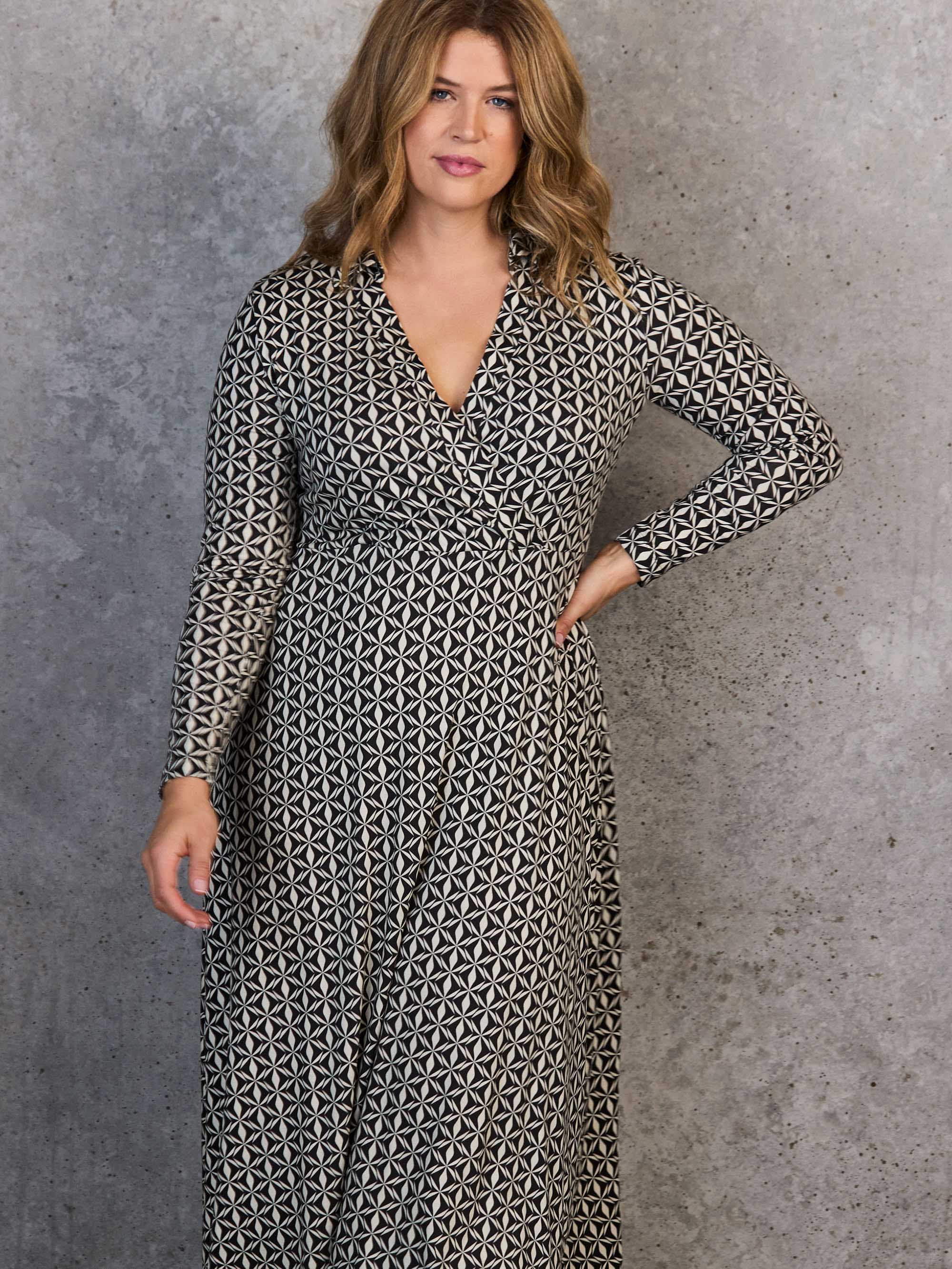 Black Geo Print Collar Wrap Jersey Dress