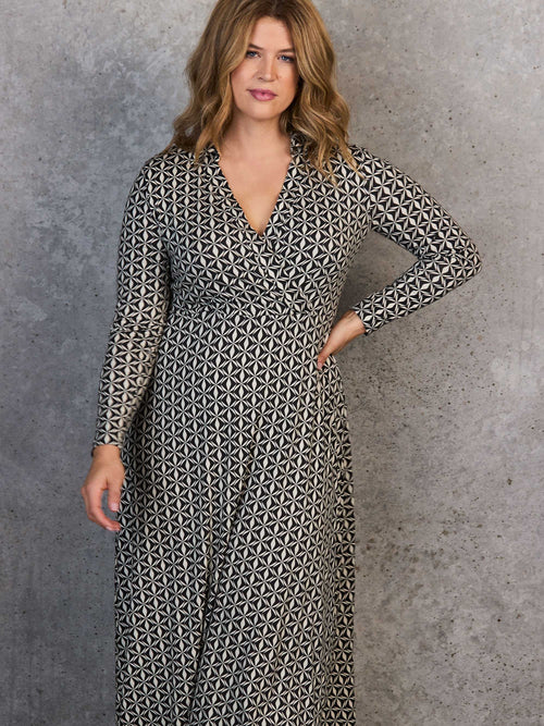 Black Geo Print Collar Wrap Jersey Dress