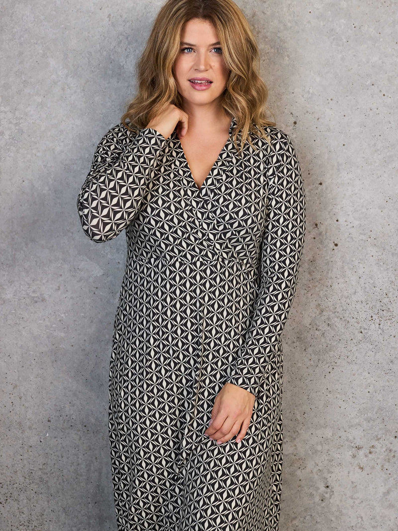 Black Geo Print Collar Wrap Jersey Dress