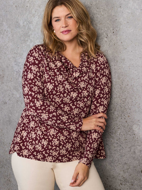 Red Ditsy Floral Jersey Cowl Neck Top