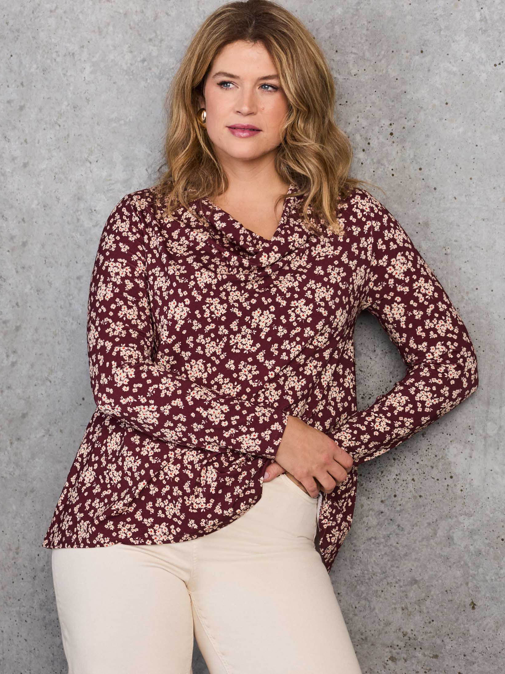 Red Ditsy Floral Jersey Cowl Neck Top