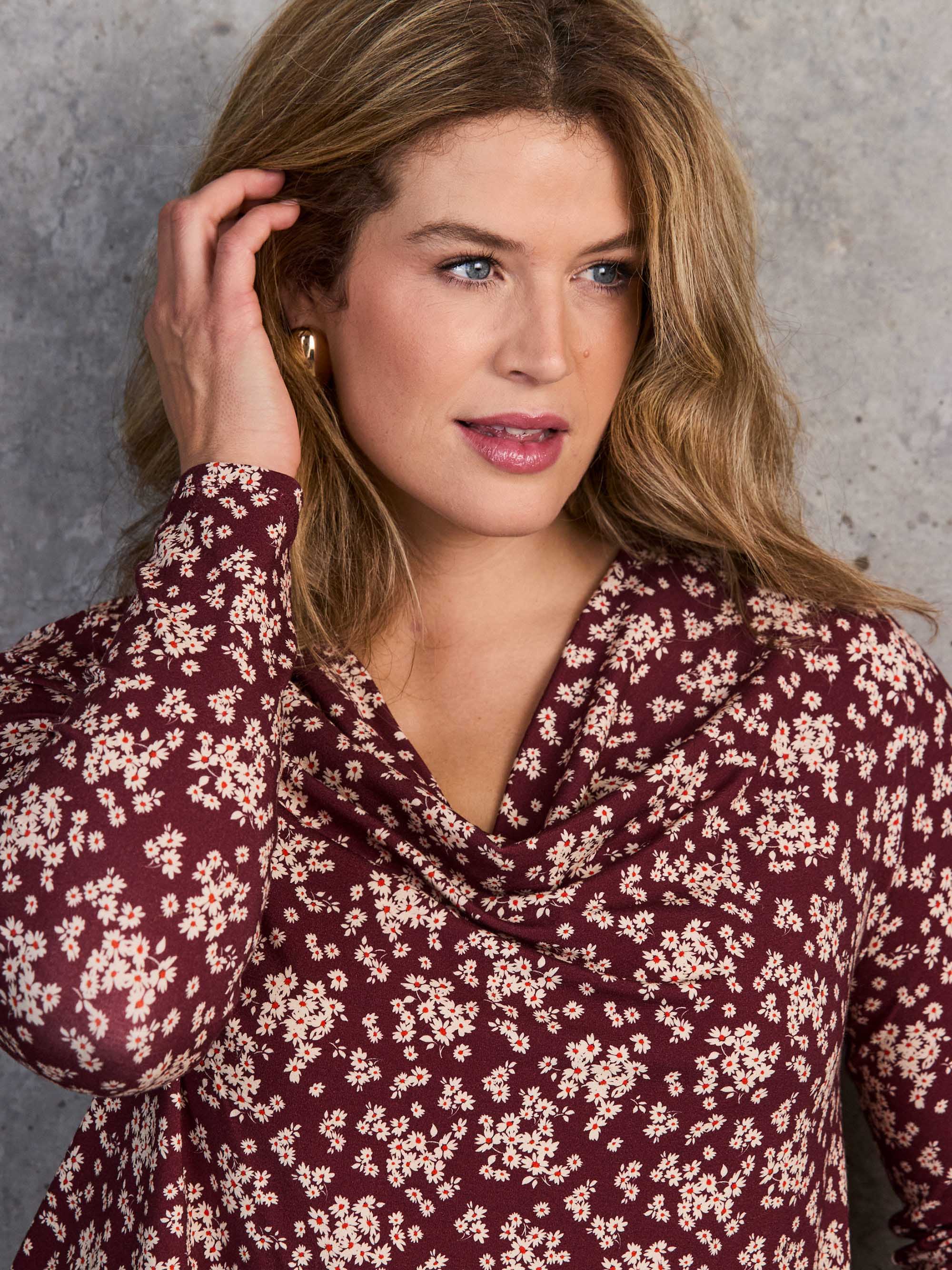 Red Ditsy Floral Jersey Cowl Neck Top