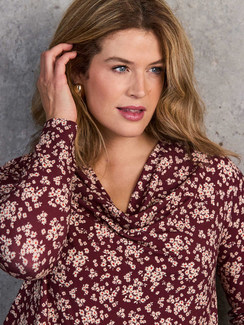 Red Ditsy Floral Jersey Cowl Neck Top