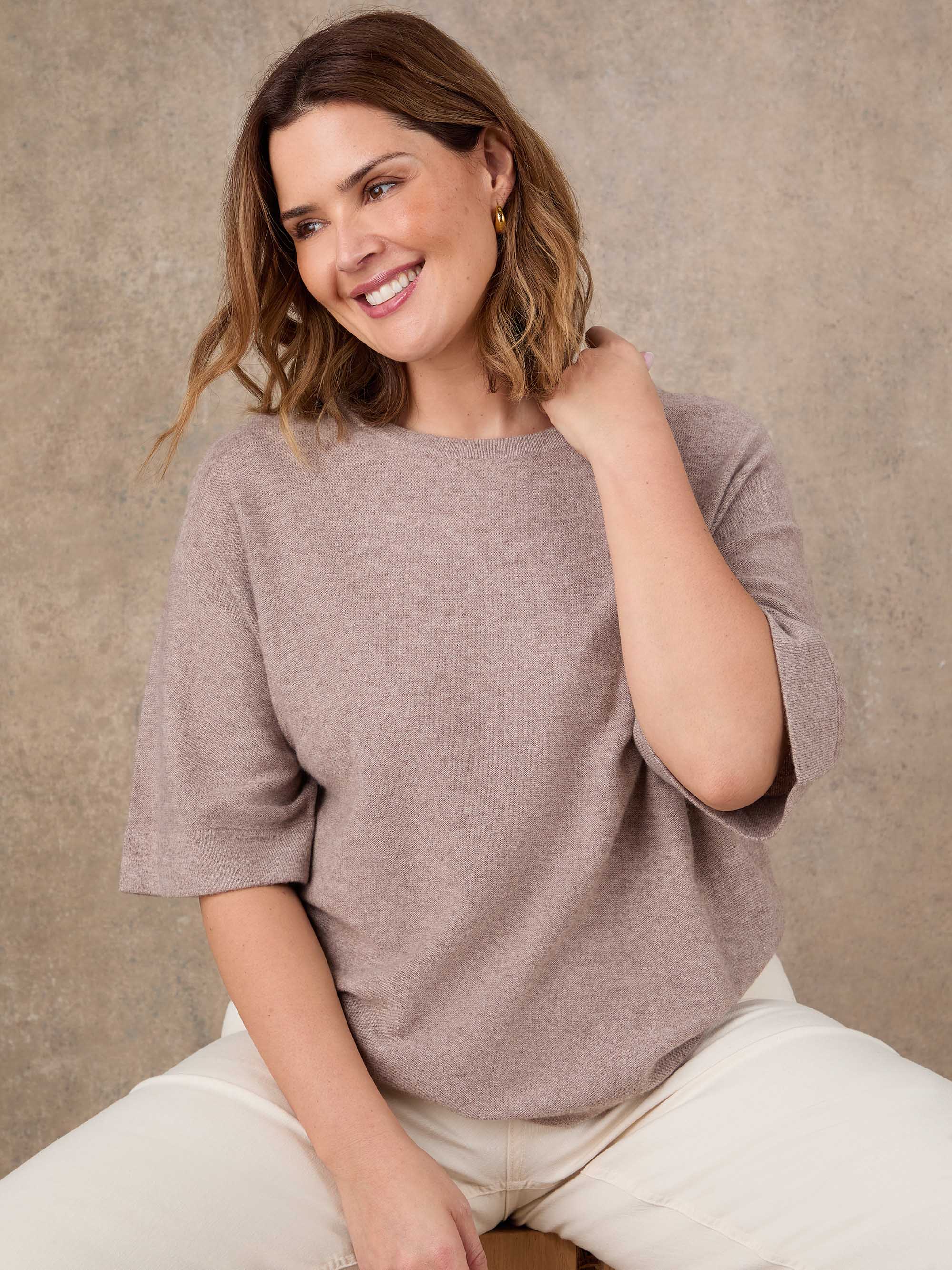 Oatmeal Short Sleeve Knitted Jumper With Cashmere